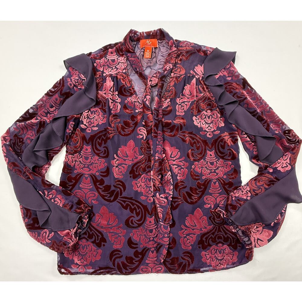 Monique Lhuililler Velvet Burnout Red Floral Blouse - Size XS